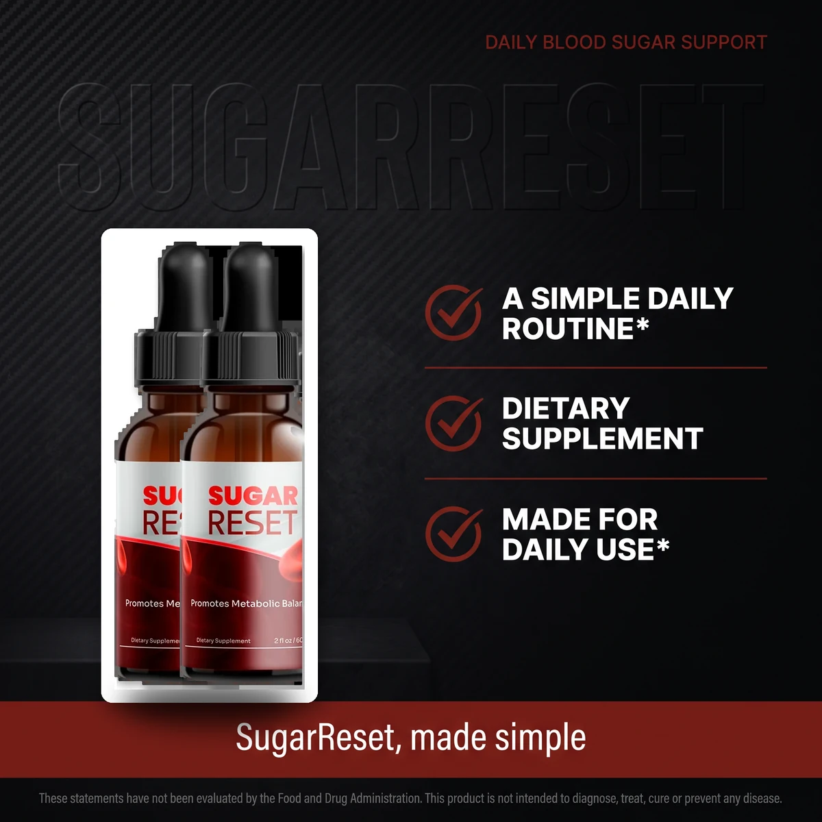 Sugar Reset returns and the 60-day guarantee: the SugarReset two-bottle pack on a simple daily routine graphic