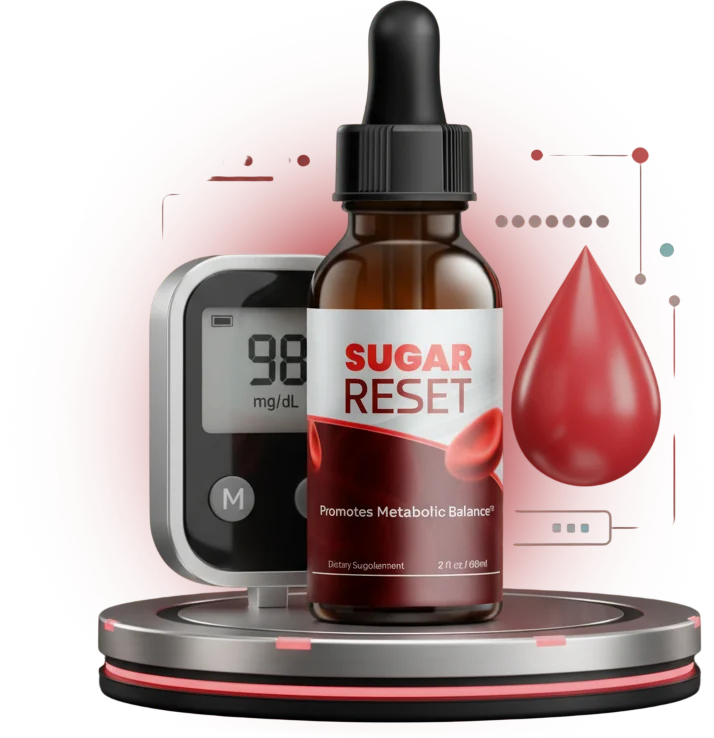 SugarReset liquid formula bottle beside a handheld glucose meter